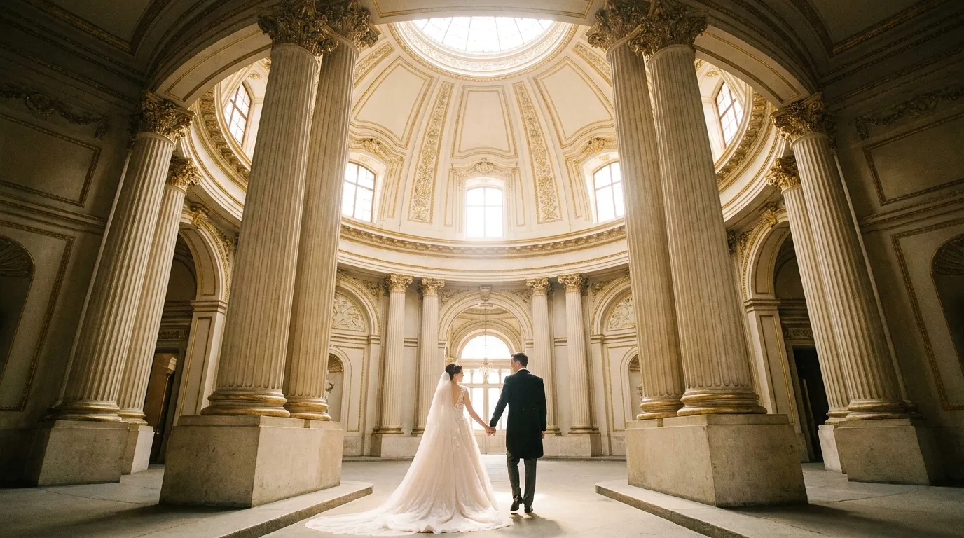 Elegantes Brautpaar mit Blick über die Wiener Innenstadt